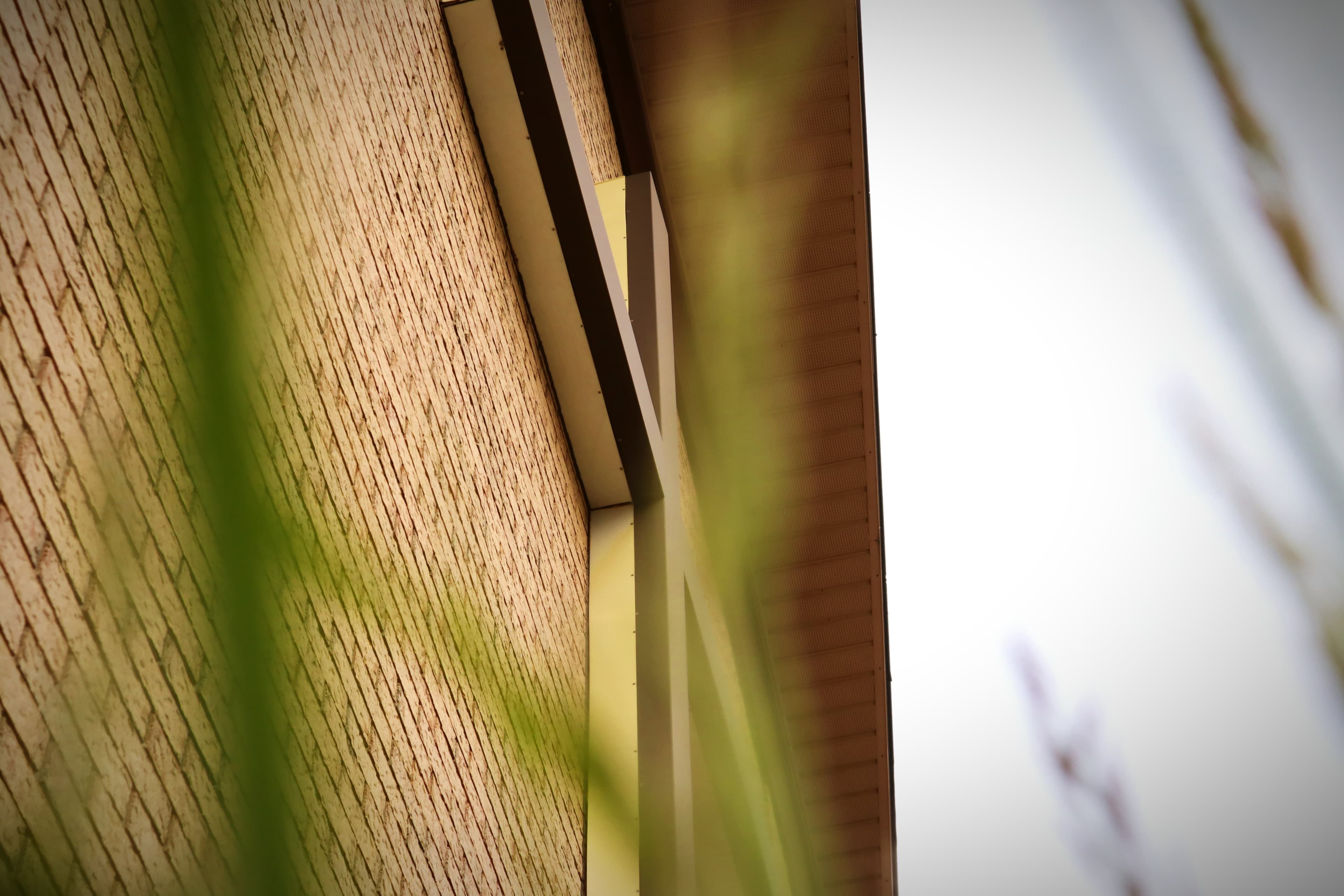 Architectural corner detail with soft grass blur in foreground